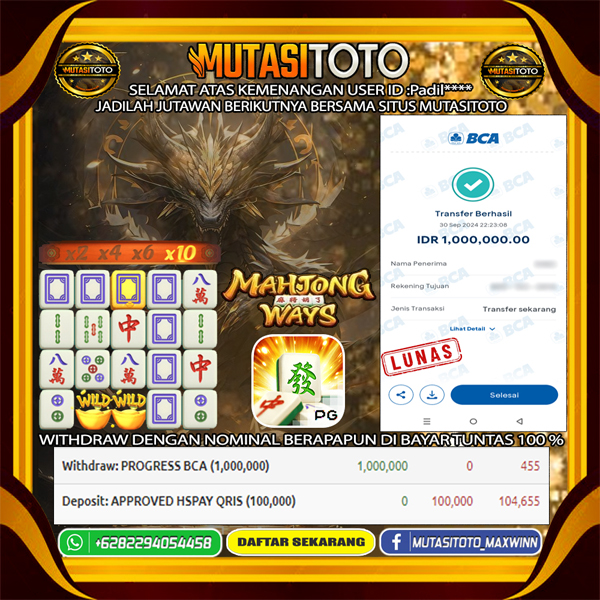 Bukti kemenangan “MAHJONG WAYS” MutasiToto 01-Oktober-2024