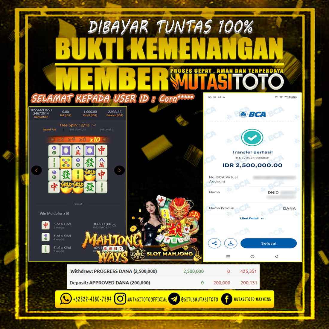 BUKTI KEMENANGAN MEMBER BERMAIN DI MAHJONG WAYS