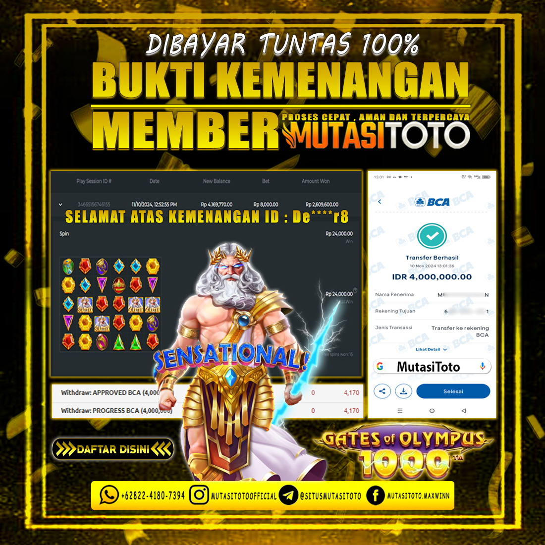 DIBAYAR TUNTAS 100% GATES OF OLYMPUS 1000